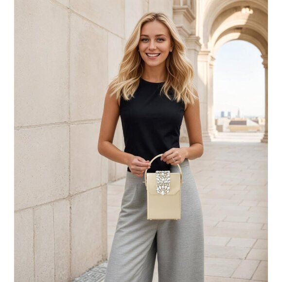 ⚡Women's Evening Rhinestone Box Detachable Chain Strap Tan Crystal Clutch Bag - Picture 2 of 6